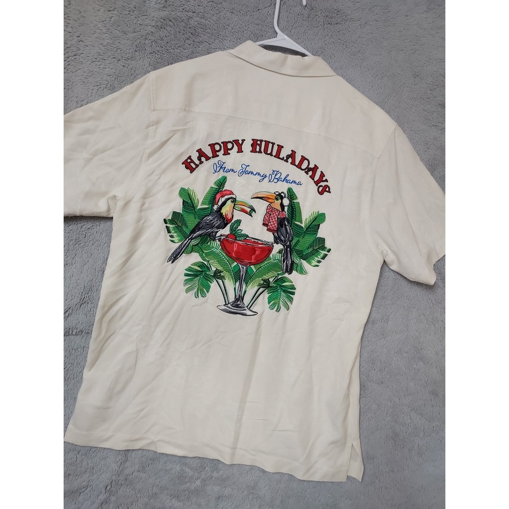Tommy Bahama Shirt Men Medium Happy Huladays Toucan Silk Christmas Cream Holiday
